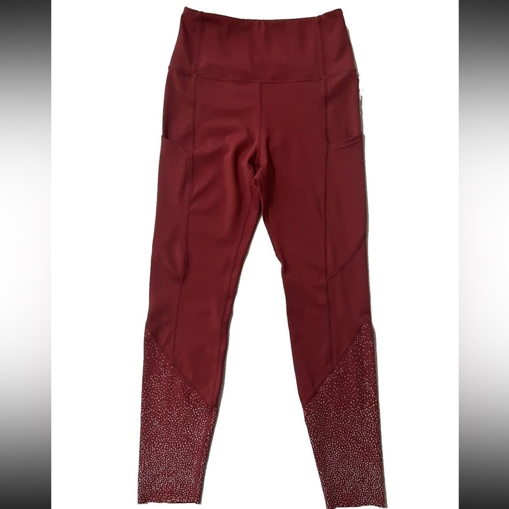 ZYIA Active Light N Luxe Reflective Hi Rise Merlot Pocket Leggings Red Silver 4